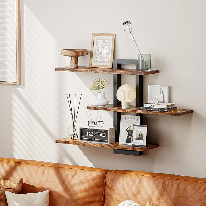 Floating Shelves for Wall, Wood Wall Shelves for Bathroom | 3 Tier Shelves for Wall Decor, Decorative Hanging Storage Shelf for Bedroom Kitchen Living Room, Rustic Brown and Black