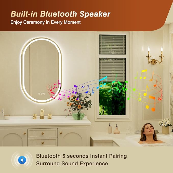 24x40 Inch Oval Gold Framed LED Bathroom Mirror with Lights, Built-in Bluetooth Speaker,Tempered Glass,Dimmable Lighted Bathroom Vanity Mirror with 3 Colors, Backlit + Frontlit, Memory, Anti-Fog