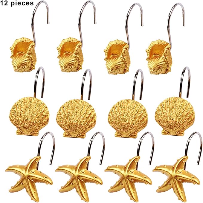 Seashell Shower Curtain Hooks 12pcs Beach Shower Curtain Rings Bath Shower Hooks Rust Proof Curtain Hangers Coastal Bathroom Accessories Decor (Golden)