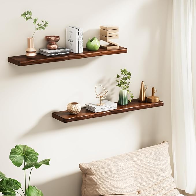 Medium Walnut Finish Floating Shelves with Hidden Bracket, Organic Wavy Edge Wall Shelves, Jointed Solid Pine Construction,Rustic Wall Decor for Living Room & Bathroom (Set of 2-36"