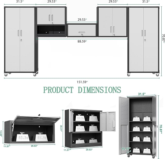 Garage Storage Cabinet System,Wall Cabinet & Locking Rolling Tool Cabinet with Doors and Adjustable Shelves