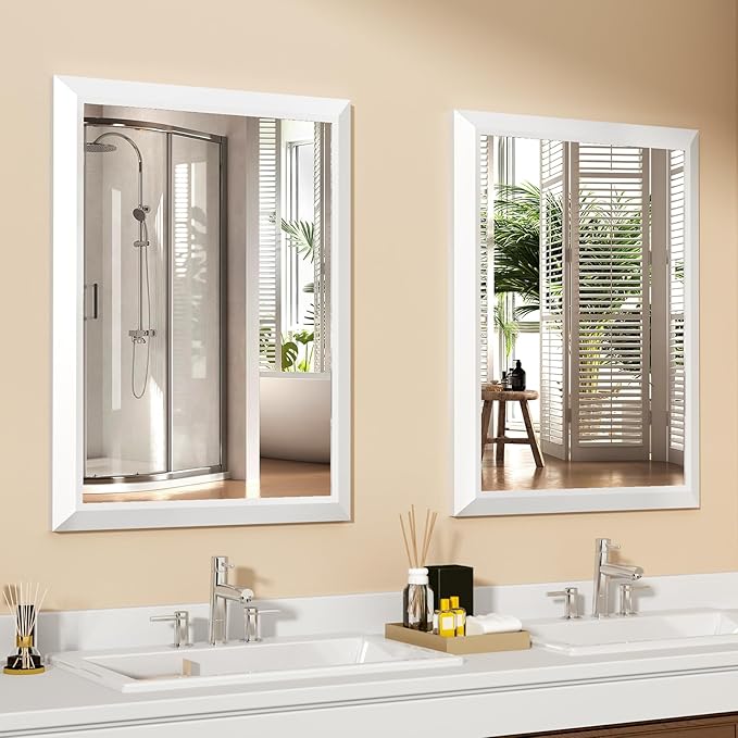 SMIROR 24x28 Matte White Bathroom Vanity Mirror for Over Sink | Metal Wide Frame, Rectangle, Right- Angle Corner, Anti-Rust, Horizontally or Vertically Wall- Mounted for Home Remodel