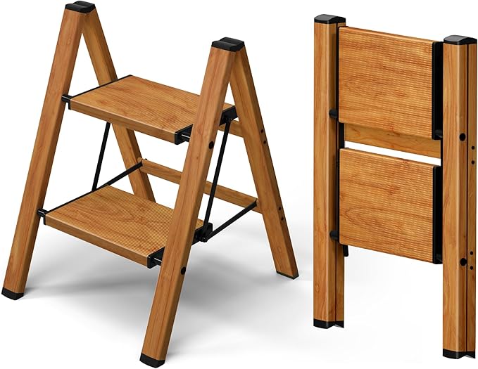 Taranta 2 Step Stool Foldable,Aluminum Step Ladder-Woodgrain | Lightweight,Wide Anti-Slip Pedals,Folding Step Stool,330lbs Capacity Stepladder for Household,Kitchen,Office