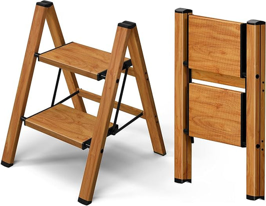 Taranta 2 Step Stool Foldable,Aluminum Step Ladder-Woodgrain | Lightweight,Wide Anti-Slip Pedals,Folding Step Stool,330lbs Capacity Stepladder for Household,Kitchen,Office