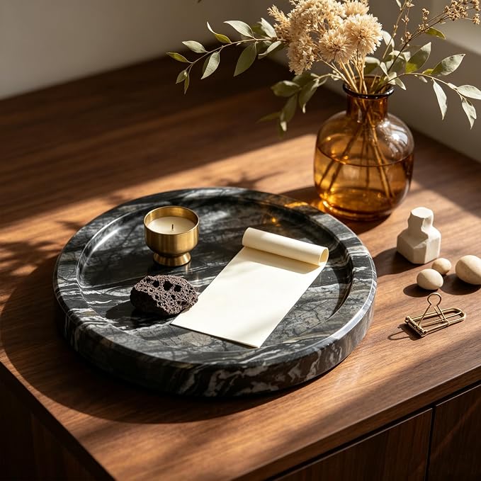 Natural Marble Tray Round 6 Inch Stone Vanity Tray for Home Decor, Black | Stone Vanity Dish Trinket Catch All, Inner 5.5 Inch Decorative Tray Organizer for Bathroom Kitchen Nightstand Counter Dresser
