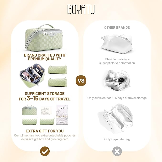 BOYATU Travel Makeup Bag Organizer: 180°Open-Flat 3 Pcs Make up Bags Set | Large Capacity Holds 10–20 Full-Size Bottles for 3–15 Day Trips Travel Essentials - Cosmetic Toiletry Case Gift Women(Green)