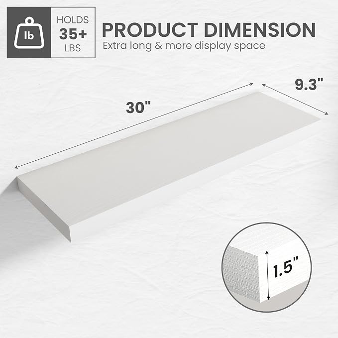 30 in Floating Shelves for Wall Decor Color White,Pack 2 | Modern floating shelves for living room,bedroom,kitchen and bath.Organize & display books,photos and decor.easy mount,sturdy.