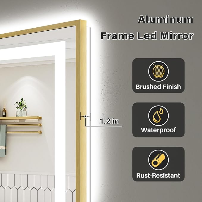 96X36 Inch LED Bathroom Mirror with Gold Frame, Backlit & Front Lit | Anti-fog, 3 Color Dimmable, Memory Function, HD Reflection Tempered Glass, ETL Listed, IP54 Waterproof
