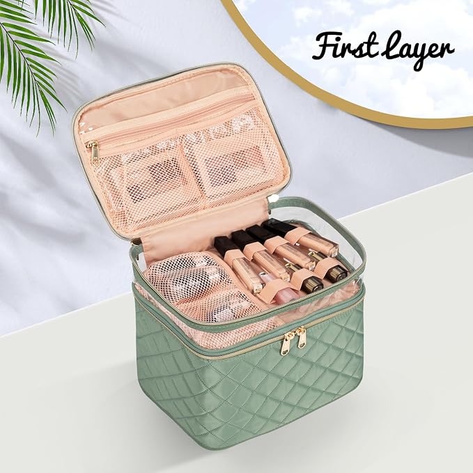Large Makeup Bag, Double Layer Makeup Bag, Vertical Storage Cosmetic Case for Women/Girls with Multiple Compartments-Green