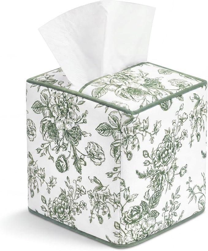 Green Fabric Tissue Box Cover Floral Print Cotton Tissue Box Decorative Square Napkin Holder Vintage Cottagecore Home Decor for Bathroom Bedroom Vanity Countertop Home Office Kitchen