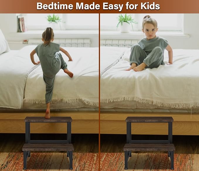 Wooden 2 Step Stool for Toddlers Kids and Adults, Heavy Duty Stepping Stools with 500 LB Load Capacity, Foot Step Stool for Bed, Living Room, Bathroom, Kitchen - Rustic Brown & Black