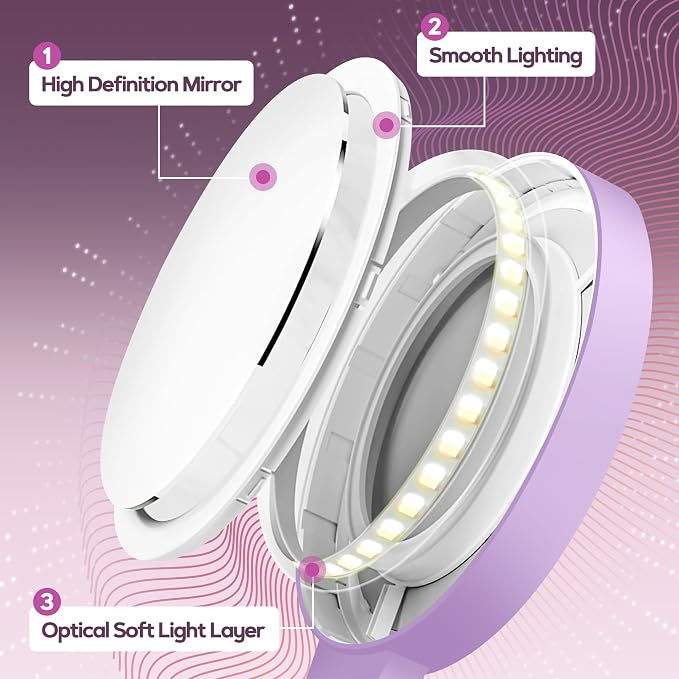 Magnifying Mirror with Light 30X, Double-Sided 1X/30X Magnifying Makeup Mirror with Tweezer, 2000mAh 3 Colour Modes with Adjustable Brightness,Foldable Travel Mirror(Purple)