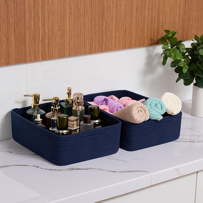 MiniArk Large Shallow Organizing Baskets 15x11x5.1 Inches - Rope Woven Storage Bins for Bathroom, Shelves, Cube Closet, Navy Blue 2 Packs