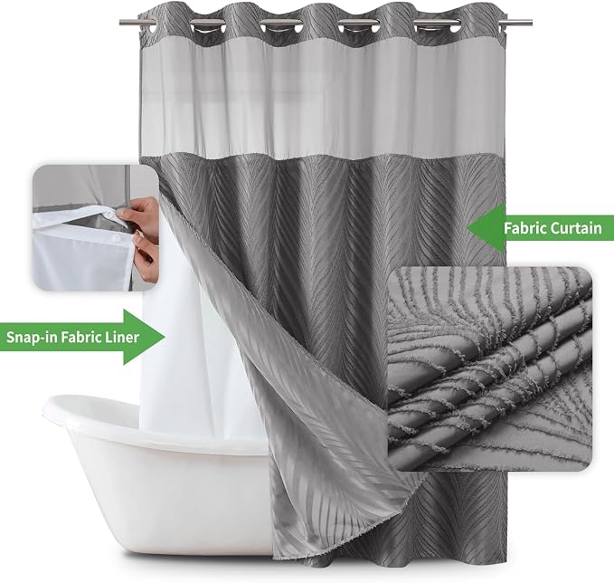 eachope no Hook Shower Curtain and Liner Set，Boho Style with See Through Top Window, Grey Fabric Tufted Striped Textured Outer Curtain & Waterproof Inner Liner, Grey/Gray, 71Wx74H
