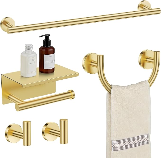 TURS 5-Pieces Brushed Gold Bathroom Hardware Accessories Set SUS304 Stainless Steel Towel Bar Set 23.6inch Wall Mounted Toilet Paper Holder with Shelf