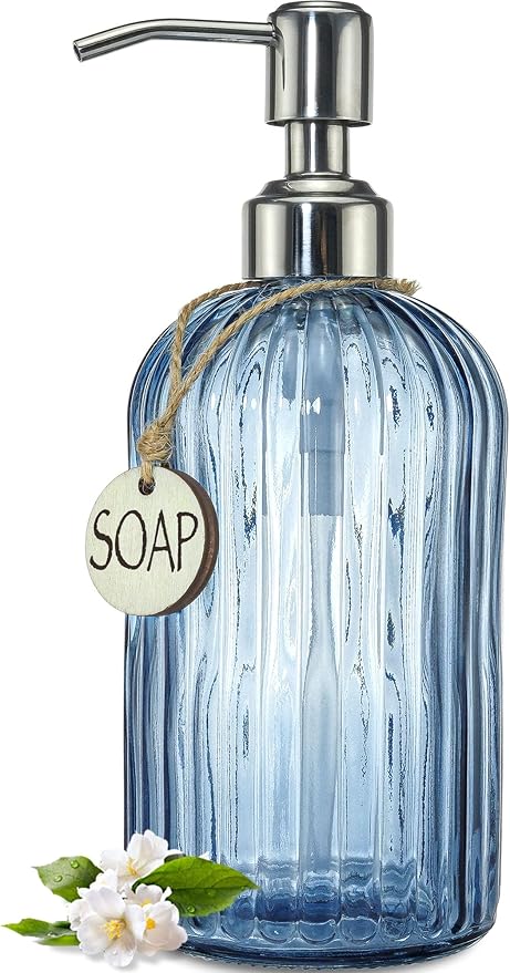 JASAI 18Oz Navy Blue Glass Soap Dispenser for Kitchen & Bathroom | Refillable Kitchen soap Dispenser with Vertical Stripe, Bathroom Soap Dispenser for Dispense Hand soap& Dish Soap