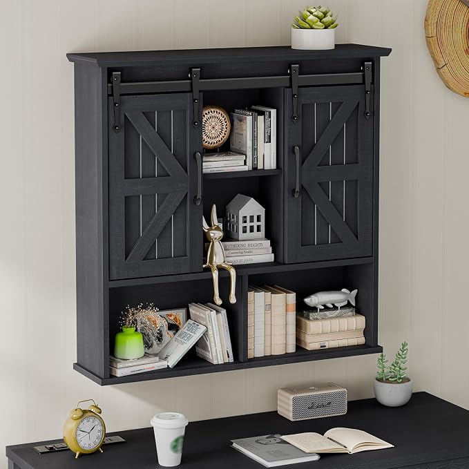 Vabches Bathroom Wall Cabinet, Farmhouse Medicine Cabinet, Black | Wooden Vintage Storage Cabinet Wall Mounted with Double Sliding Barn Door and Adjustable Shelf for Bathroom, Kitchen