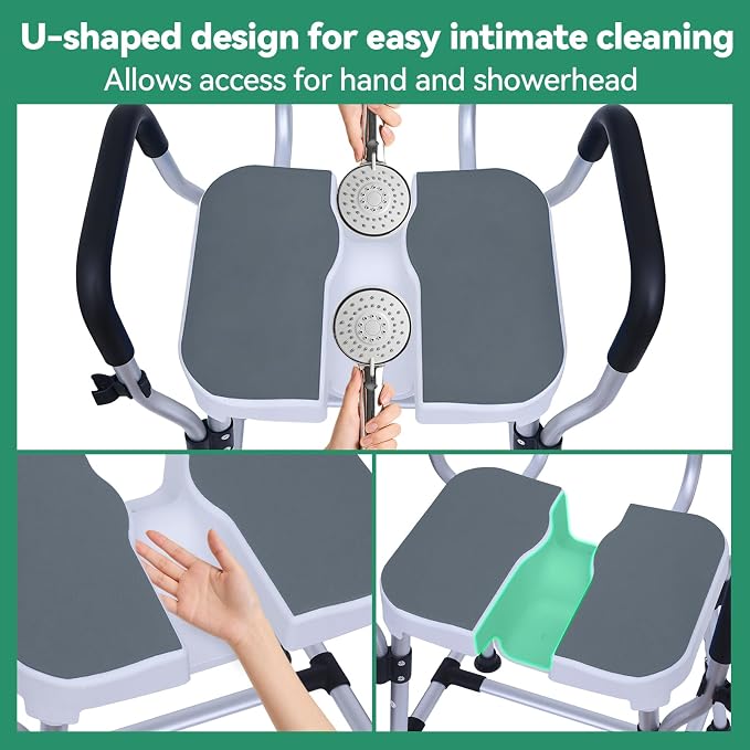 U-Shaped Shower Chair for Inside Shower, 400 lbs, Adjustable Height | Anti-Slip Adjustable Bath Seat for Elderly and Disabled, Shower Stool with Removable Padded Back and Arms, Tool-Free Assembly