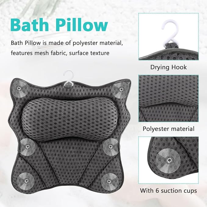 Bath Pillow,Ergonomic Bathtub Pillows for Tub Neck and Back Support,with 6 Powerful Suction Cups,Provide Shoulder and Back Relaxing,Bath Accessory,Fits All Types Bathtub(Grey)