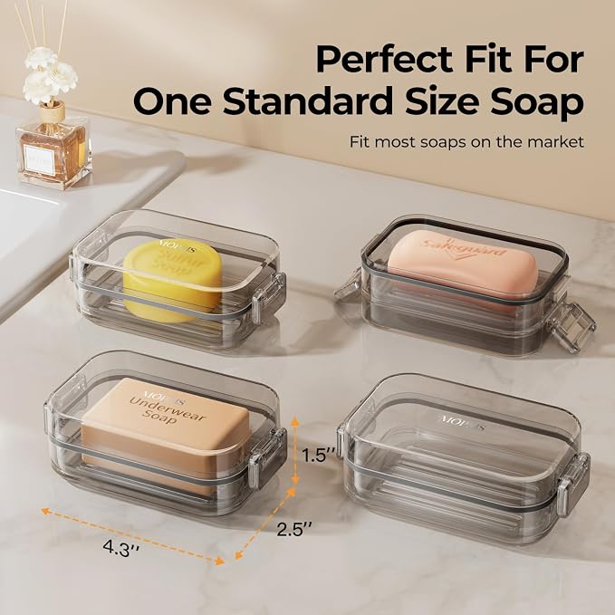 MOPMS Travel Soap Case, Leakproof with Clasps & Silicone Seal for Traveling | Soap Holder Travel Case with Drain Tray for Gym, Bathroom, Portable Travel Soap Container Fits Most Soaps, Durable PC, Grey