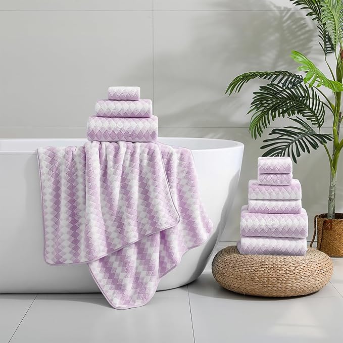 12 Pcs Light Purple Diamond Towel Set-4 Bath Towels,4 Hand Towels,4 Washcloths Soft Polyester Bath Towel with Loop Absorbent Shower Towel Quick Dry Family Towels for Bathroom Spa Gym