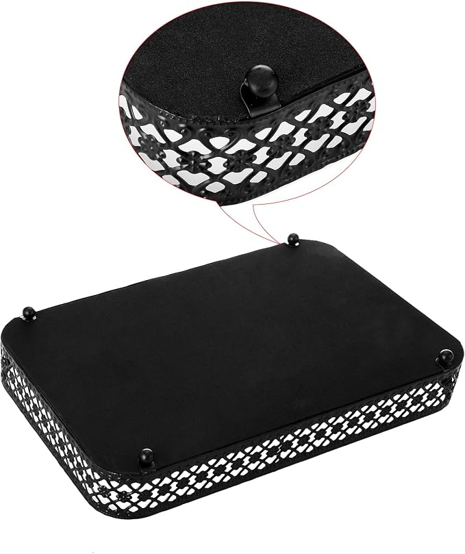 ELLDOO Black Mirror Glass Perfume & Makeup Vanity Tray, Medium Size | Hollow-Carved Jewelry Storage, Metal Trinket Organizer for Dresser Bathroom Countertop Home Decor