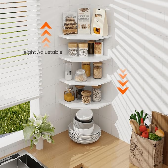Corner Wall Shelf, Corner Shelf Floating, Set of 4 Wooden Hanging Corner Shelves with Wire Hole for Bathroom Living Room Office, White