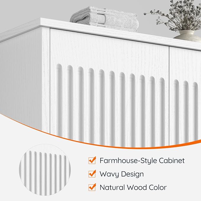 HOOBRO Fluted Bathroom Wall Cabinet, Farmhouse Medicine Cabinet with 2 Fluted Doors, Wall Storage Shelf with Towel Rack, Adjustable Shelf, for Small Spaces, Bathroom, Kitchen, White