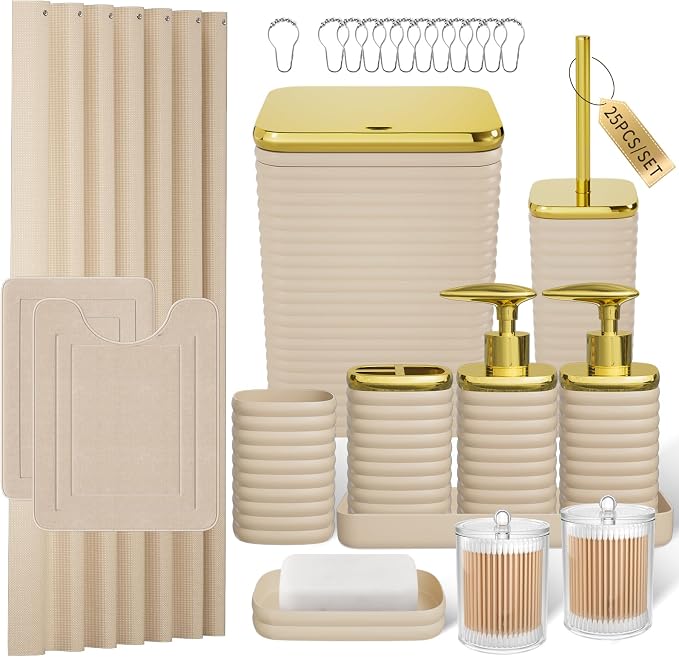 Bathroom Set - 25PC Bathroom Sets with Shower Curtain and Rugs, Beige Bathroom Set, Bathroom Accessory Set, Luxury Bathroom Accessories Set, Trash Can, Toilet Brush, Soap Dish & Soap Dispenser