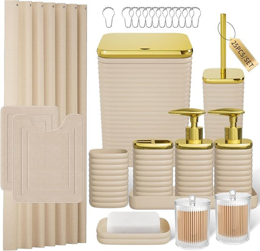 Bathroom Set - 25PC Bathroom Sets with Shower Curtain and Rugs, Beige Bathroom Set, Bathroom Accessory Set, Luxury Bathroom Accessories Set, Trash Can, Toilet Brush, Soap Dish & Soap Dispenser