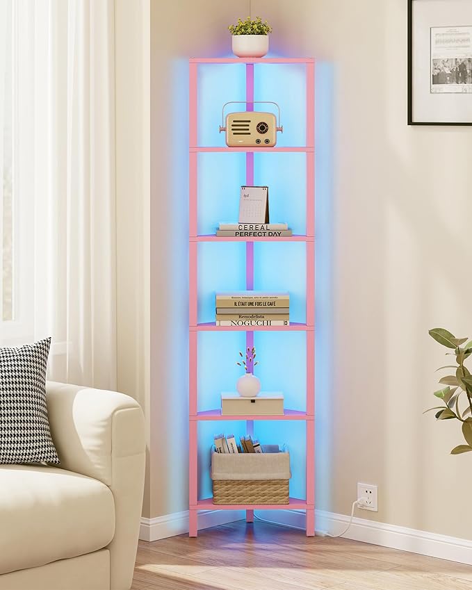 TUTOTAK Corner Shelf with LED Light, 6-Tier Corner Bookshelf | for Small Space, Narrow Display Corner Shelf Stand with Storage Rack, for Living Room, Bedroom, Pink BS05BP006L