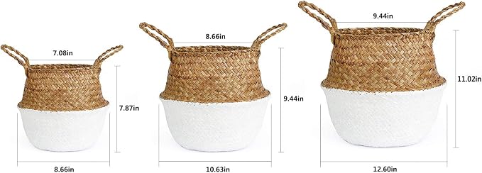 Woven Seagrass Belly Basket for Storage, Laundry, Picnic, Plant Pot Cover, and Grocery and Toy Storage (Large, White)