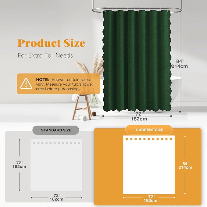 Boho Scalloped Linen Textured Cloth Shower Curtain Set, 72x84, Emerald | Tall Size, 230GSM Waterproof Polyester, Heavy Duty Fabric, 12 Plastic Hooks, Elegant Modern Farmhouse Style, Machine Washable