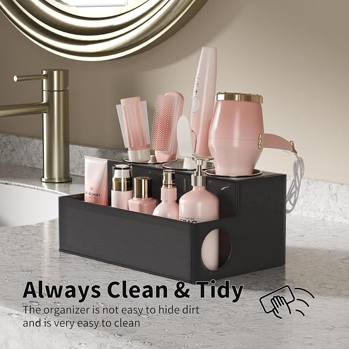 NIUBEE Acrylic Hair Tool Organizer,Hair Dryer Holder Countertop with 3 Cups | Black, Hot Tools Organizer, Hair Blow Dryer Organizer for Curling Iron, Brush, Straightener, Makeup,Skincare,Vanity, Bathroom