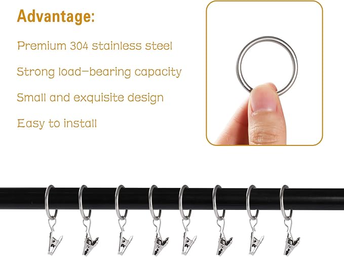Lansian 20 Pack Curtain Rings with Clips Hooks 1 in Diameter Rustproof | Metal Stainless Steel Drapery Rings for Tension Rod Bracket Eyelets Decorative Hanger, Fits 3/4 in Rods, Matte Silver