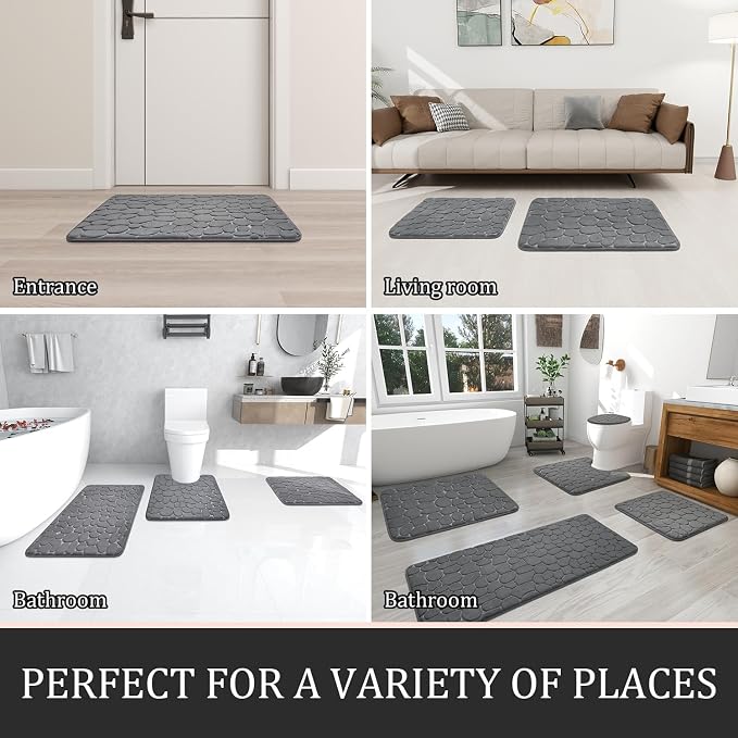 Bathroom Rugs Mat Set, Memory Foam Bath Mat 5 Piece Dark Grey | Non Slip, Water Absorbent, Washable, Bath Mat For Bathroom, Sink and Toilet