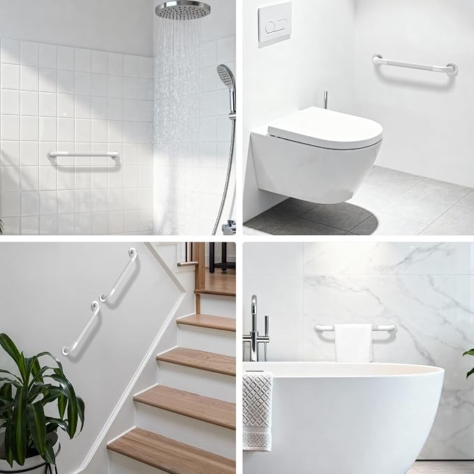 White Grab Bar 24 Inch, Grab Bar for Bathtub and Shower | Anti-Slip Knurled Grip, Stainless Steel, Bathroom Assist Handle Handrail, Handicap Support Bars for Toilet, 1.25" Diameter