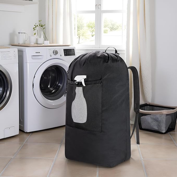 Laundry Bag Backpack, Soft Padded Straps & Drawstring, Black, XX-Large | Heavy Duty Washable Dirty Cloth Hamper Bag, Large Front Pocket for College, Travel, Laundromat, Camping