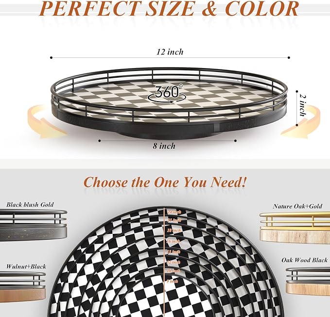 AMH 12 Inch Black and White Checkerboard Lazy Susan with Oak Wood Base | Smooth rotating oak tray with walnut finish for dining tables, kitchen counters, pantries and cabinet storage.