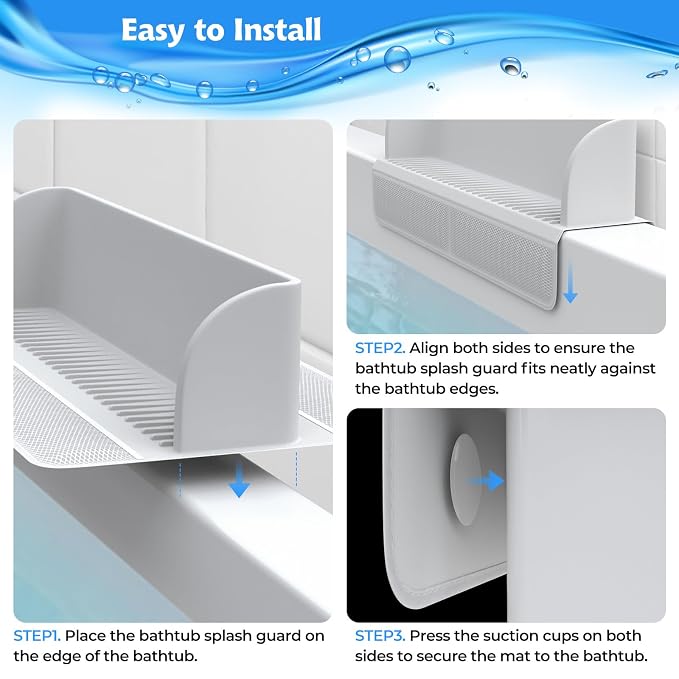 Splash Guard for Bathtub,Kids Bath Toy Tray Caddy Holder, Silicone, Gray | Bath Toy Storage Bag,Guard for Bathtub with Mesh Bathtub Toy Storage,Super Adsorption - Extended Design for Splash Protection