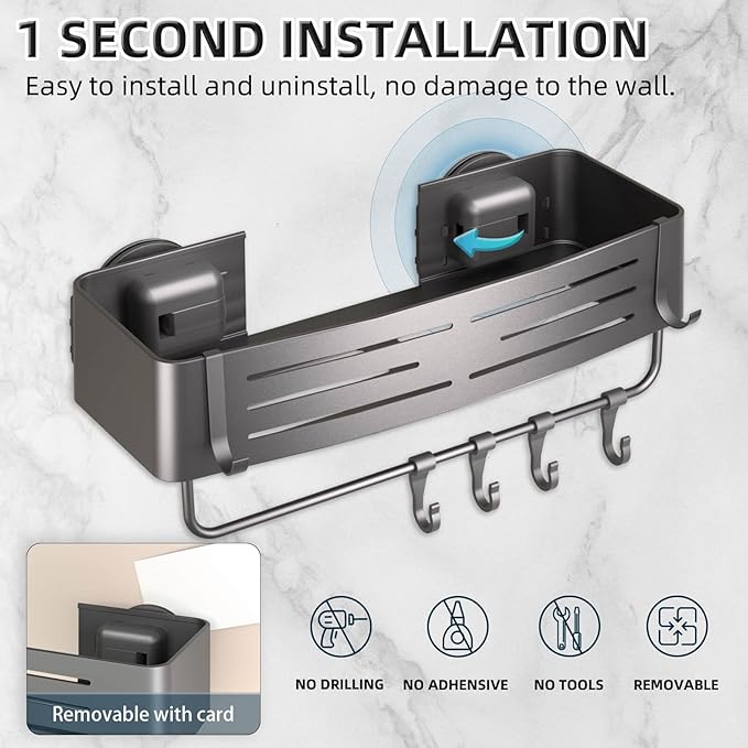 Onemake Shower Caddy Suction Cup, 2 Pack Shower Shelf with Hooks for Bath | No-drilling Rustproof Aluminum Removable Caddy with Towel Bar, Waterproof Shower Organizer, Corner Shampoo Holder, Gray