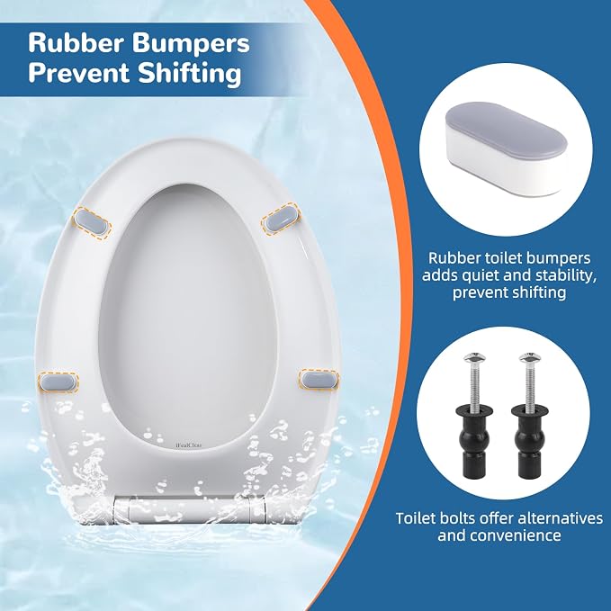 Universal Toilet Seat Elongated Soft-Close Cover, Oval Toilet Seat, White | One-Click Quick Release, Elongated Toilet Seat Replacement with Toilet Bolts/Bumpers, Compatible with TOTO, Gerber, Kohler