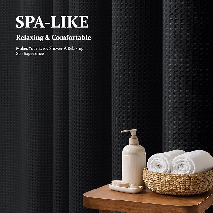 Extra Long Waffle Shower Curtain 256 GSM Fabric 72x90 Black | 90 Inch Tall, Thick Polyester Cloth, Weighted Hem, Water Repellent & Washable, Hotel Shower Curtain Set for Bathroom 12 Hooks