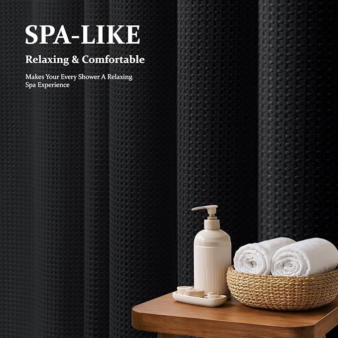 Waffle Shower Curtain 256 GSM Heavy Duty Fabric 72"x72" Black | Thick Polyester Cloth, Weighted Hem, Water Repellent & Washable, Hotel Luxury Spa, Shower Curtain Set for Bathroom 12 Hooks