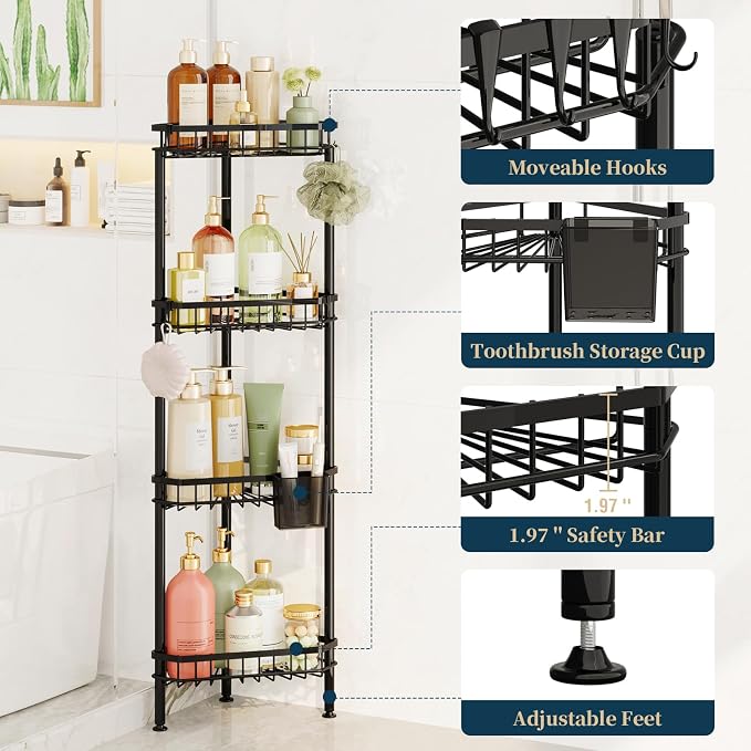 Consumest Corner Shower Caddy Stand - Rustproof Bathroom Organizer&Storage | 4 Tier Shower Shelves for Inside Shower, Stainless Steel Corner Shelf with Soap Holder, 4 Hooks, Brush Holder, Black