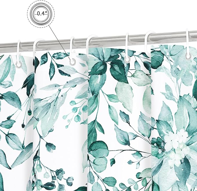 Teal Eucalyptus Shower Curtain, Watercolor Floral Print, 72x96 | Watercolor Plant Leaves Floral Print, Extra Long Waterproof Fabric Bathroom Decor, Machine Washable, Rustproof Grommets