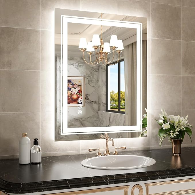 WTTY 28"x36" RGB LED Bathroom Mirror with Light | 8 Color Backlight + 3 Color Front Light, Anti-Fog, Dimmable, Memory Function, Tempered Glass, IP54 Waterproof, ETL Listed