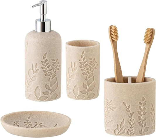 Bathroom Accessories Set, 4 PCS, Sandstone Look Leaf Beach Style | Modern,Minimalist,With Soap Dispenser 13.19 OZ, Toothbrush Holder, Tumbler, Soap Dish, Bathroom Countertop Organizer