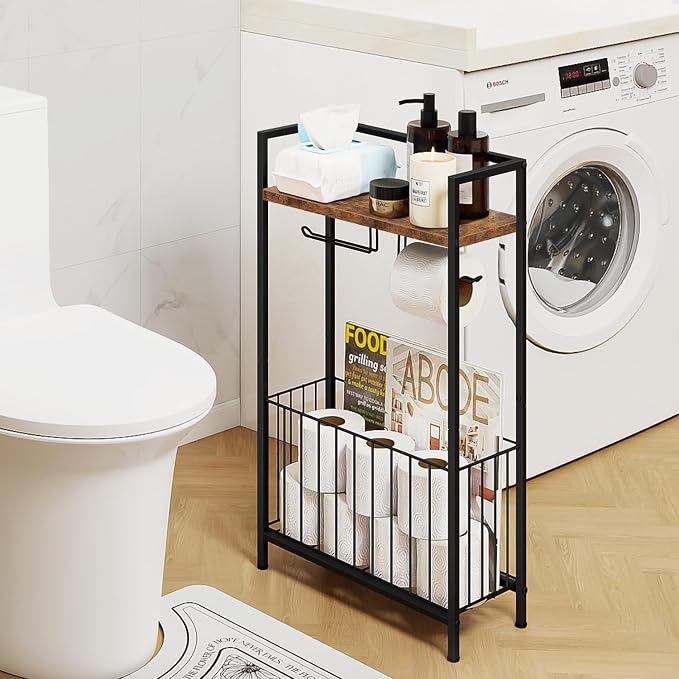 Freestanding Toilet Paper Holder with Storage, Rustic Brown | Toilet Paper Holder Stand with Wooden Shelf for Bathroom Storage, Dual Toilet Paper Roll Stand for Extra Rolls & Magazines