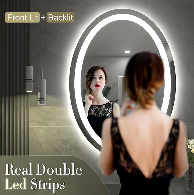 SMIROR 40 x 24 Oval LED Bathroom Mirror, Lighted Vanity Mirror for Wall, Anti-Fog, Shatter-Proof, Dimmable, Memory, 3 Colors (Front Lights + Backlit)